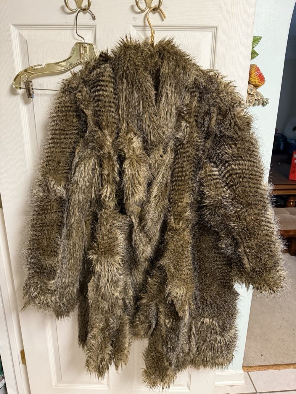 Donna Salyers FAB FURS Reversible Faux Raccoon Jacket Leather Coat Size XL 48x40